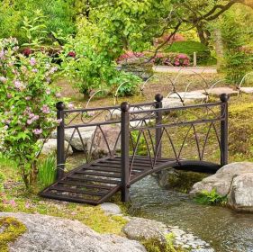 3.3' Classic Garden Bridge Metal Arch Zen Footbridge with Safety Siderails, Decorative Footbridge, Delicate Scrollwork & Corner Spheres for Strea
