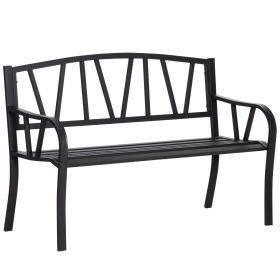 Outsunny 50" Metal Garden Bench, Black Outdoor Bench for 2 People, Park-Style Patio Seating, Decor with Smooth Armrests, Slatted Seat and Backres (Color: as Pic)