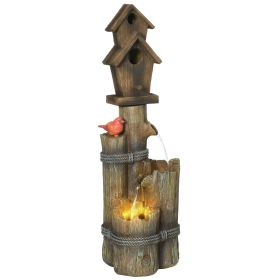 Outsunny Outdoor Fountain with Birdhouse, Cascading Garden Waterfall Bird Bath with 3-Tier Rustic Tree Trunk / Log Design, LED Lights for Porch, (Color: as Pic)